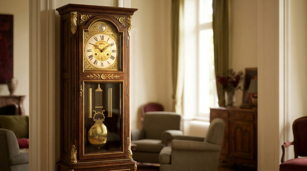 Une horloge comtoise en bois avec balancier doré située dans un salon élégant et lumineux.
