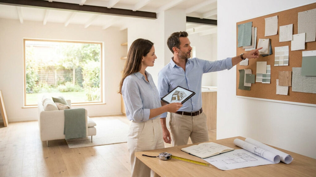 Un architecte et sa cliente discutent de matériaux sur un tableau d'ambiance dans une maison en rénovation.