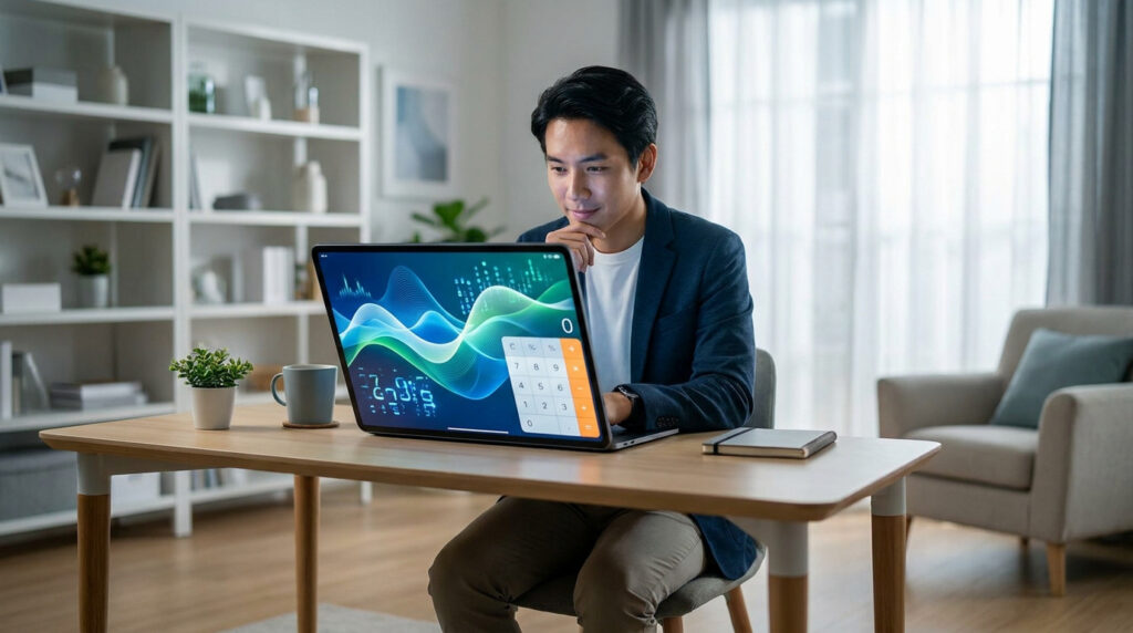 Un homme consulte un calculateur de consommation électrique numérique sur son ordinateur portable dans un bureau moderne.