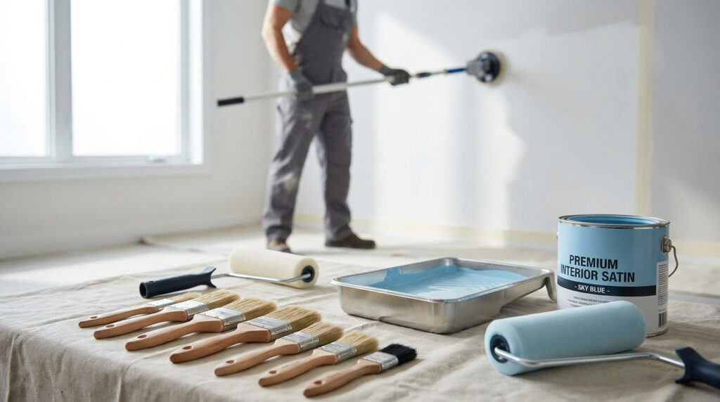 Peintre travaillant sur un mur avec une ponceuse, au premier plan des pinceaux, un rouleau et un pot de peinture bleue.