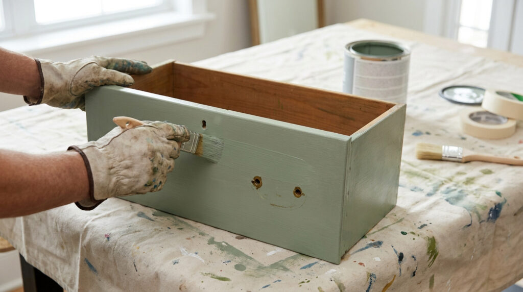 Une personne portant des gants de travail peint un tiroir en bois d'une couleur vert sauge sur une table recouverte d'une toile.