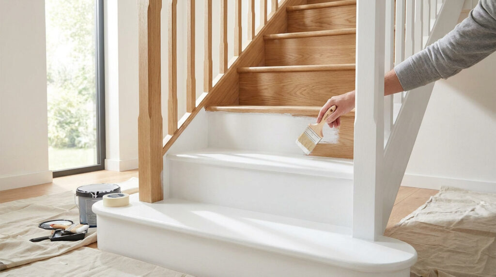 Une main utilisant un pinceau pour peindre en blanc la contremarche d'un escalier en bois clair.