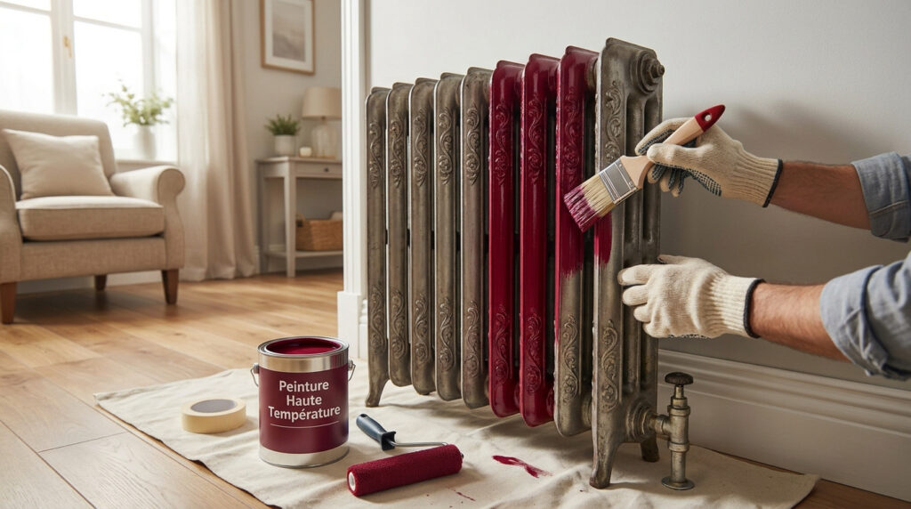 Une personne peignant un vieux radiateur en fonte avec une peinture rouge haute température dans un salon.