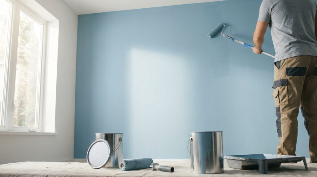 Un homme peint un mur en bleu clair avec un rouleau dans une pièce lumineuse.