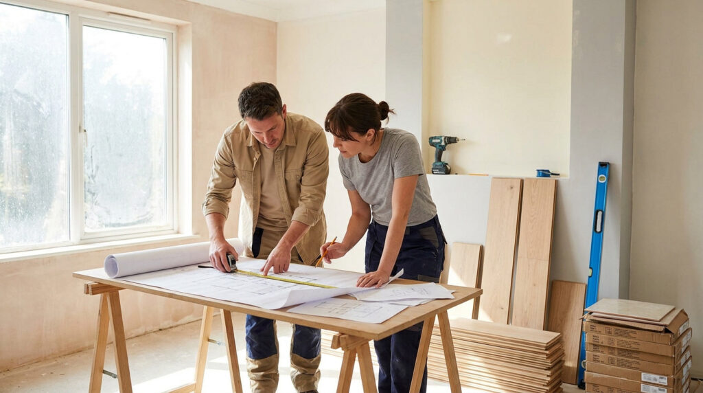 Un couple examine des plans architecturaux sur un tréteau dans une pièce en pleine rénovation.