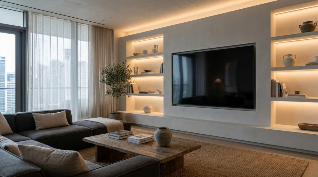 Salon moderne avec grand meuble TV intégré en placo, étagères rétroéclairées et décoration épurée.