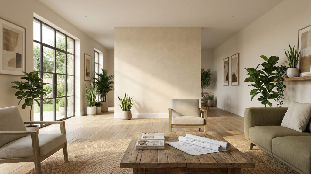 Salon moderne aux tons neutres avec des plantes vertes, des fauteuils confortables et des plans d'architecte sur une table.