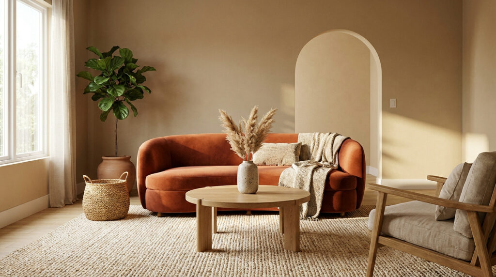 Salon chic avec canapé terracotta, tapis en fibres naturelles, plantes et arche murale dans une ambiance chaleureuse.