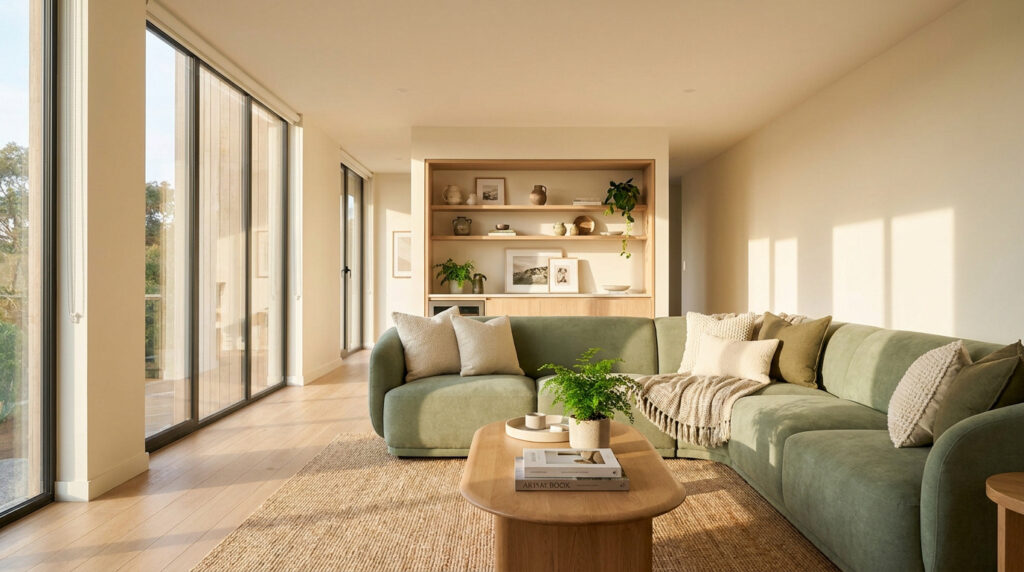 Salon moderne avec canapé vert sauge, grandes baies vitrées et étagères en bois décorées dans une ambiance chaleureuse.