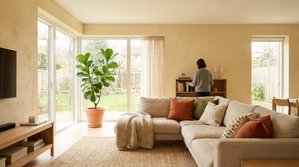 Salon lumineux avec canapé beige, plantes, et murs texturés dans une ambiance chaleureuse et naturelle.
