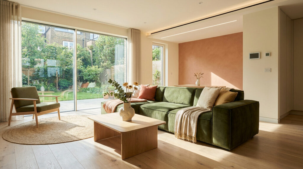 Salon lumineux avec canapé vert, fauteuil, table basse en bois et mur terracotta donnant sur un jardin verdoyant.