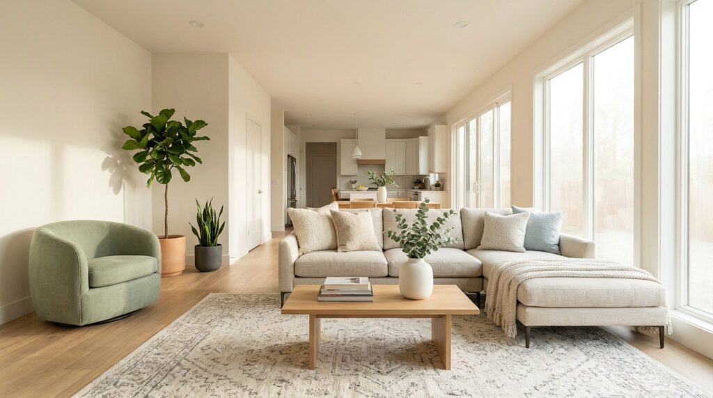 Un salon moderne et lumineux avec un canapé beige, un fauteuil vert sauge et une cuisine ouverte en arrière-plan.