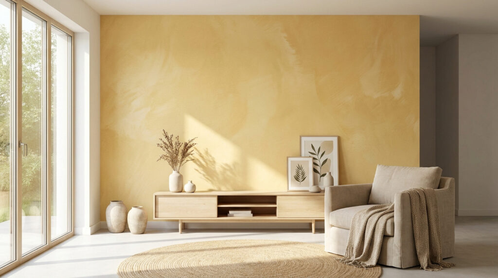 Salon moderne avec mur jaune paille texturé, fauteuil beige, meuble en bois clair et décoration naturelle.