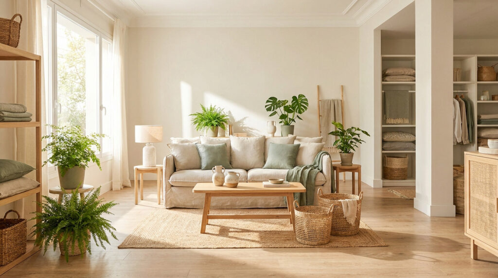 Salon lumineux avec canapé beige, plantes vertes et décoration en fibres naturelles dans un style apaisant.