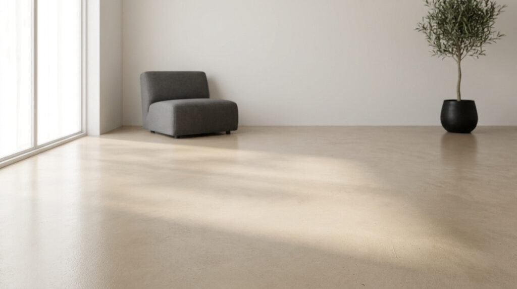 Intérieur minimaliste avec sol en béton ciré beige, un fauteuil gris et une plante en pot.