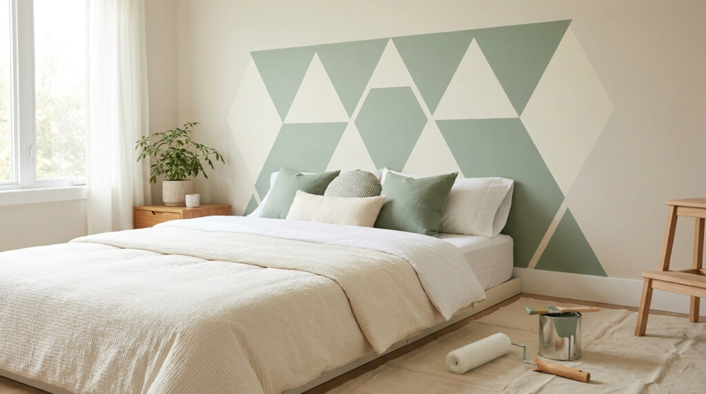 Mur de chambre peint avec un motif géométrique vert sauge et blanc, avec un lit et du matériel de peinture au sol.