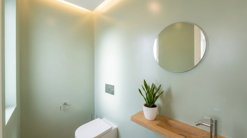 Petites toilettes modernes avec murs vert sauge, miroir rond, étagère en bois et plante verte.