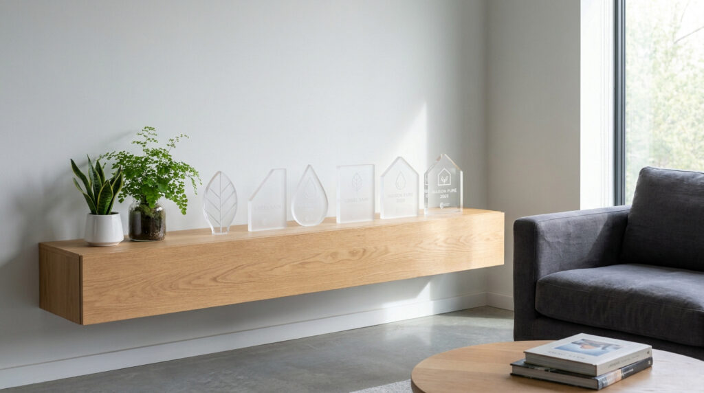 Alignement de trophées en verre sur une étagère en bois suspendue dans un salon moderne.