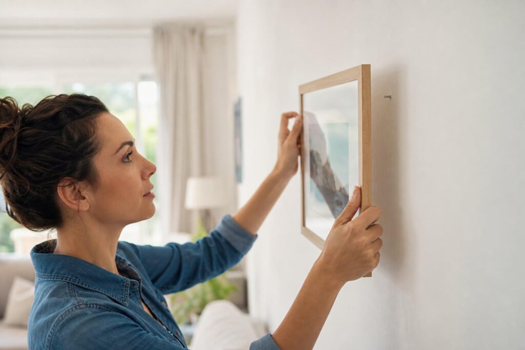 Accrocher un cadre avec un clou sur un mur en placo dans un salon lumineux.
