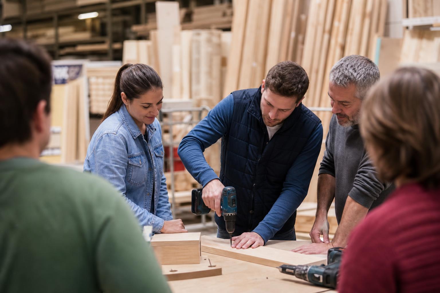 Adultes participant à un atelier de bricolage pratique dans un magasin de matériaux