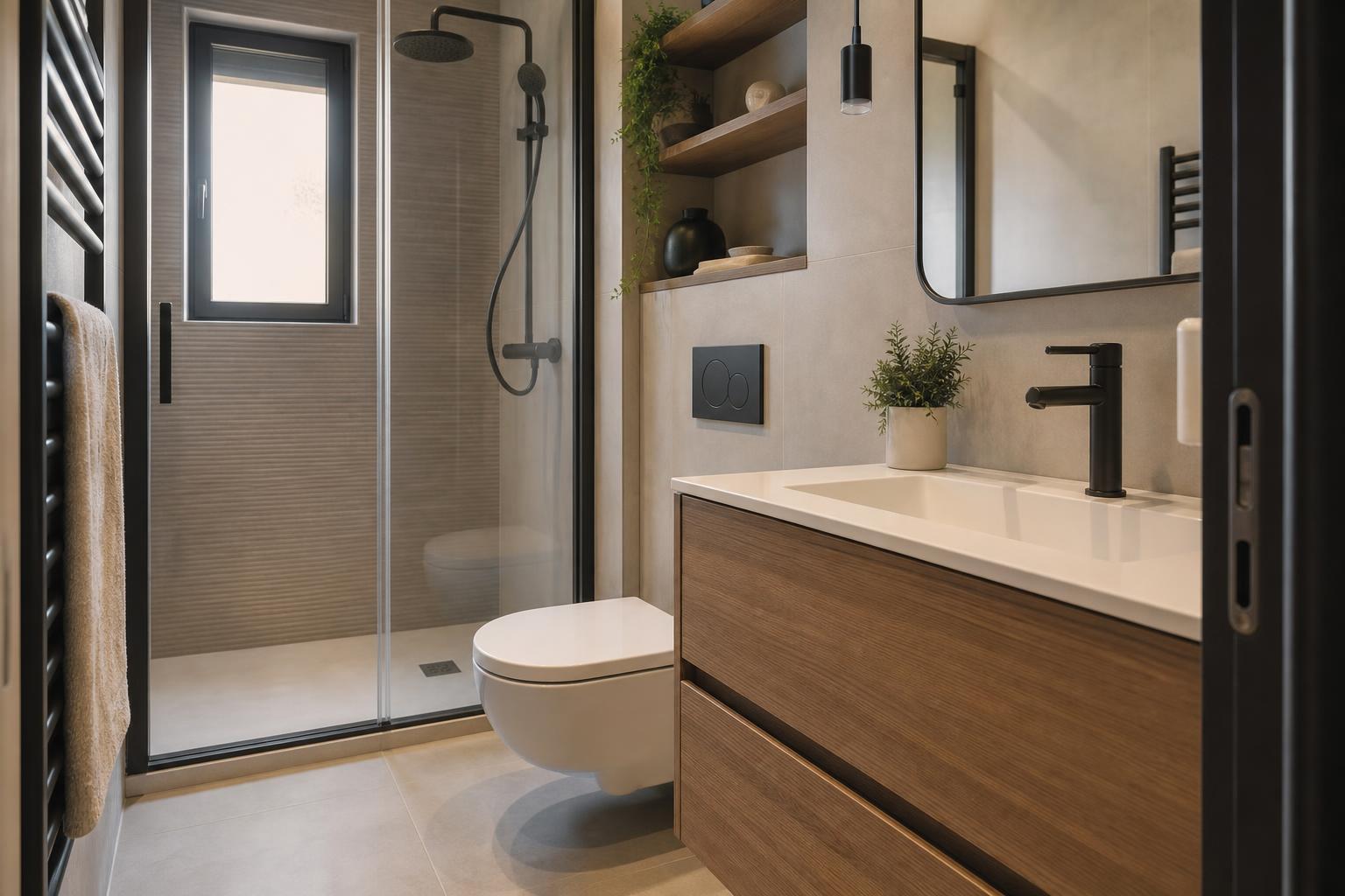 Agencement d'une salle d'eau compacte avec douche, vasque et WC suspendu