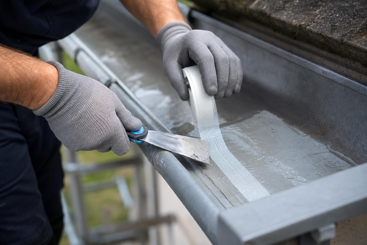 Application du mastic et pose d'une trame de renfort sur une gouttière en zinc
