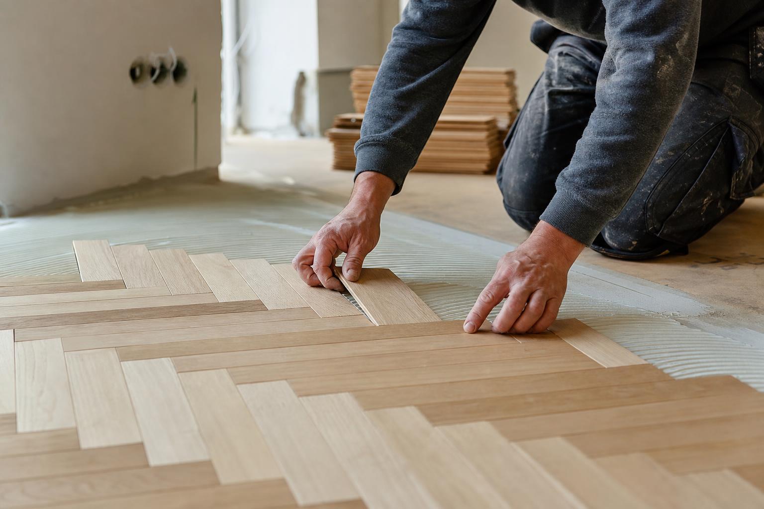 Artisan collant des lames de parquet contrecollé en bâton rompu