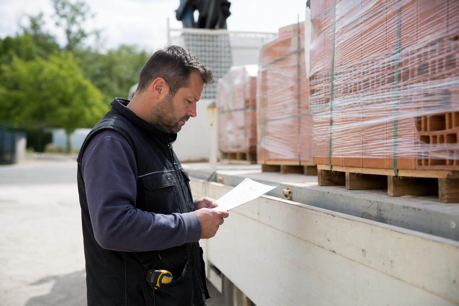 Artisan vérifiant une livraison de matériaux de construction avec le bon de livraison