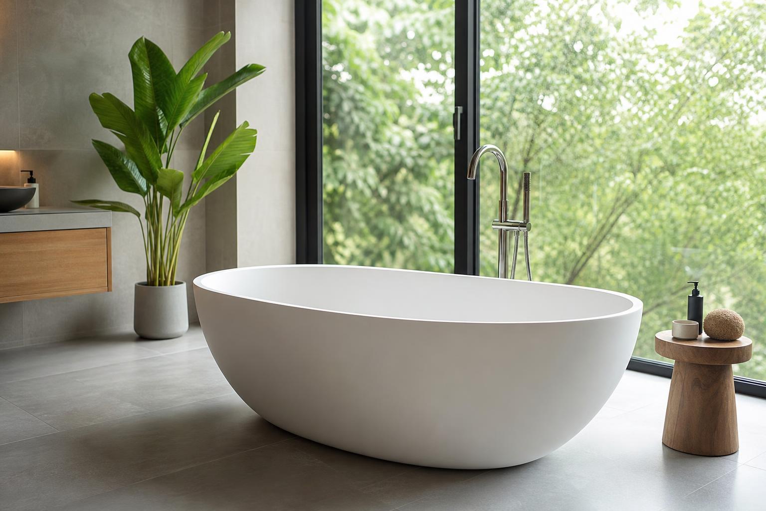 Baignoire îlot ovale dans une salle de bain contemporaine avec grande fenêtre