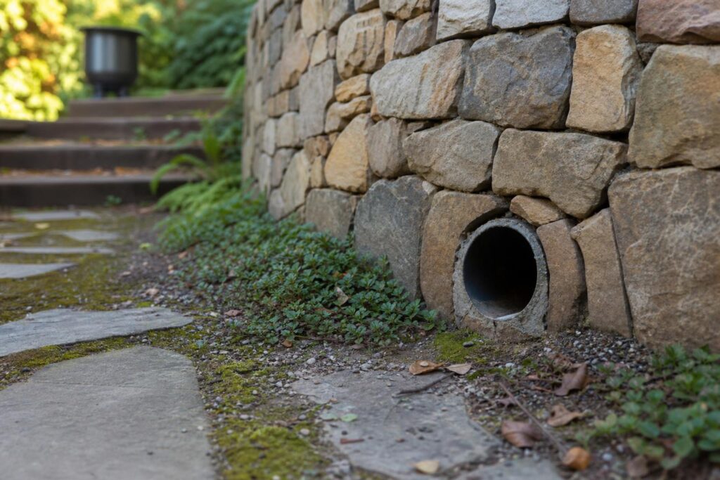 Barbacane d'évacuation d'eau à la base d'un mur de soutènement en pierre dans un jardin.