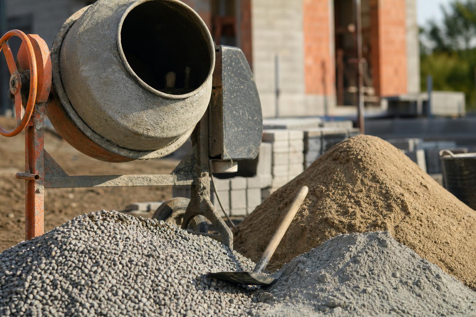 Bétonnière et matériaux (sable, gravier, ciment) prêts pour gâcher le béton
