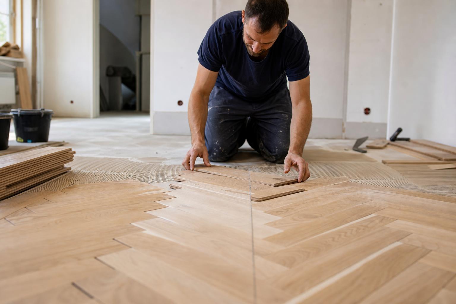 Bricoleur démarrant la pose d'un parquet bâton rompu depuis l'axe central