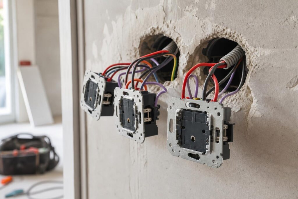Câblage d'un va-et-vient à 3 interrupteurs avec permutateur sur un mur en rénovation.