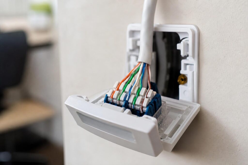 Câblage d'une prise RJ45 murale : les fils de couleur enfichés selon le code T568B.