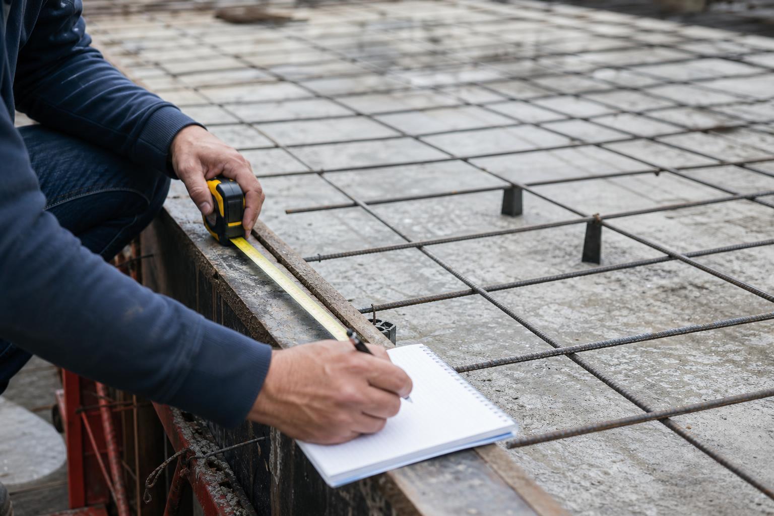 Calcul du volume de béton d'une dalle à l'aide d'un mètre et d'un carnet