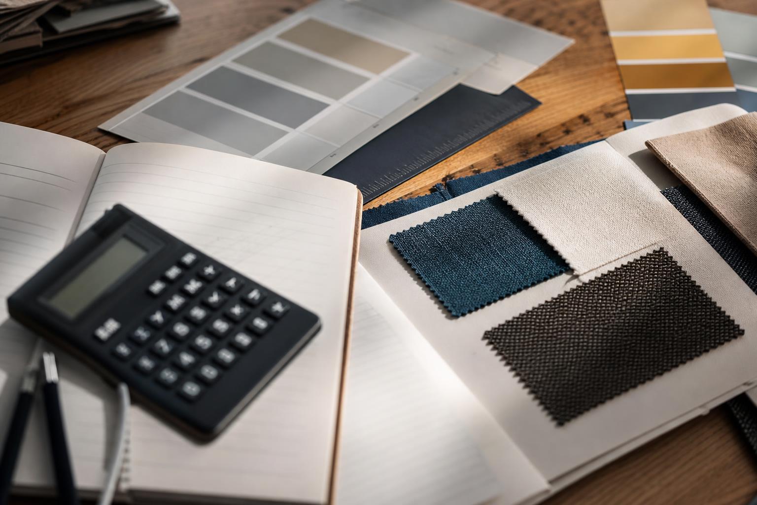 Calculatrice et notes de budget à côté d'échantillons de tissus et de peinture sur une table