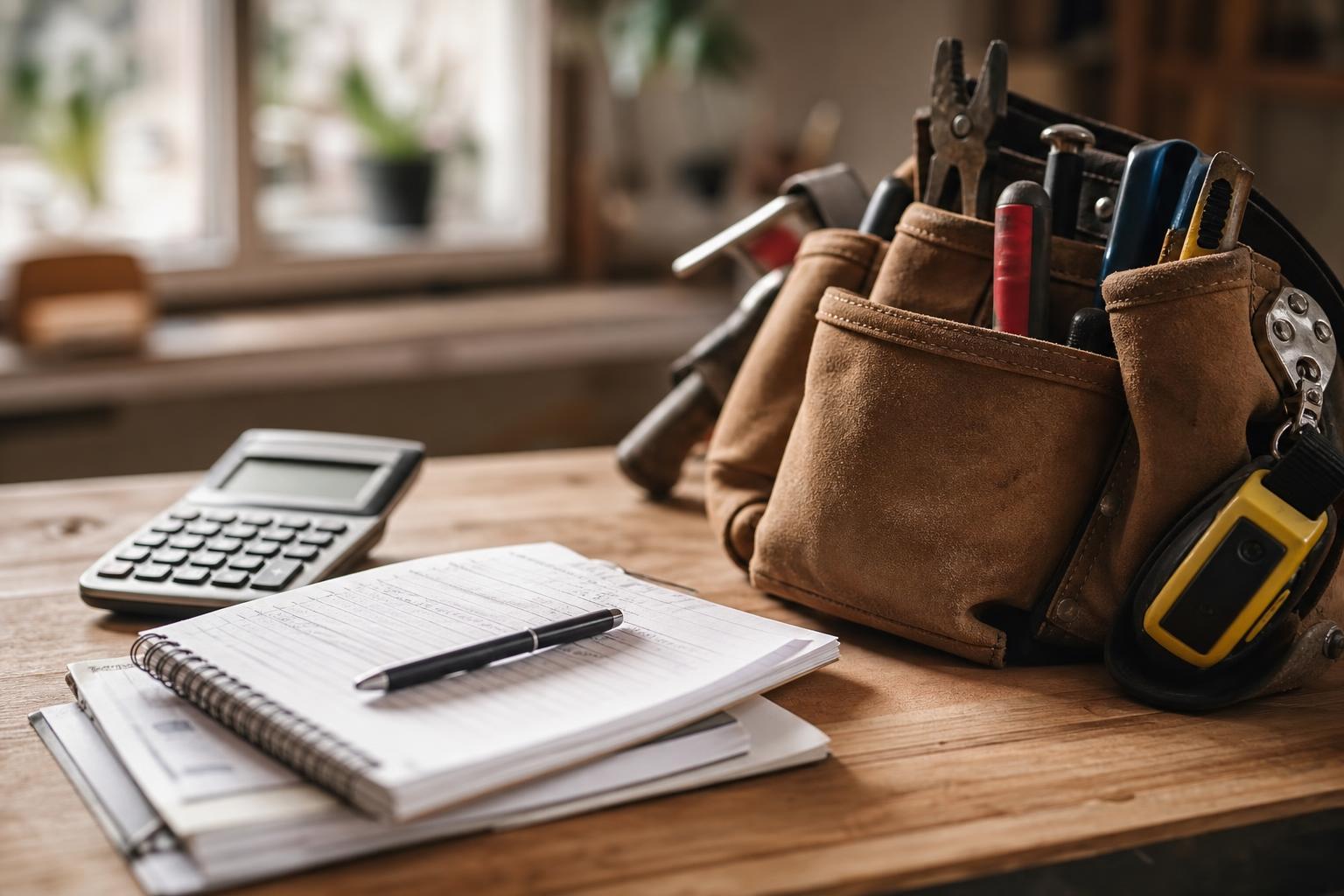 Calculatrice et notes de budget à côté d'une ceinture à outils sur une table en bois