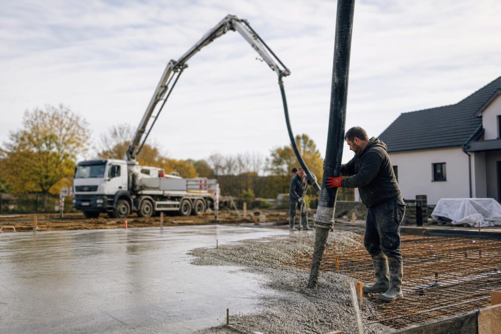 Camion pompe à béton coulant une dalle sur un chantier de maison
