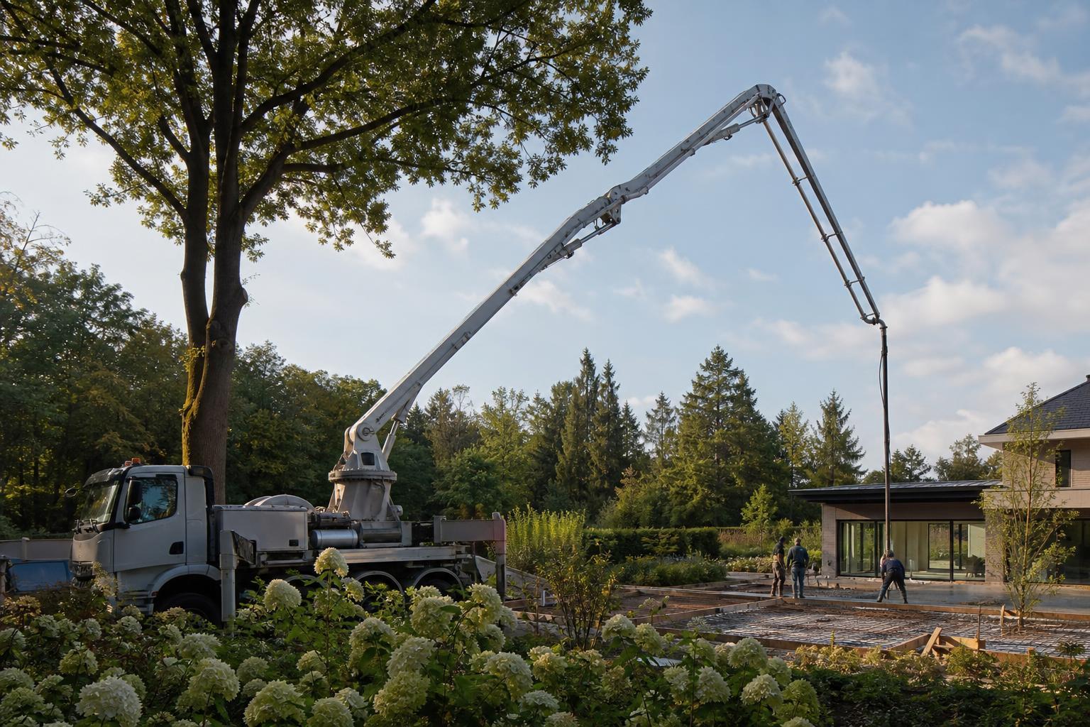 Camion pompe à béton, flèche déployée, coulant au-dessus d'un jardin