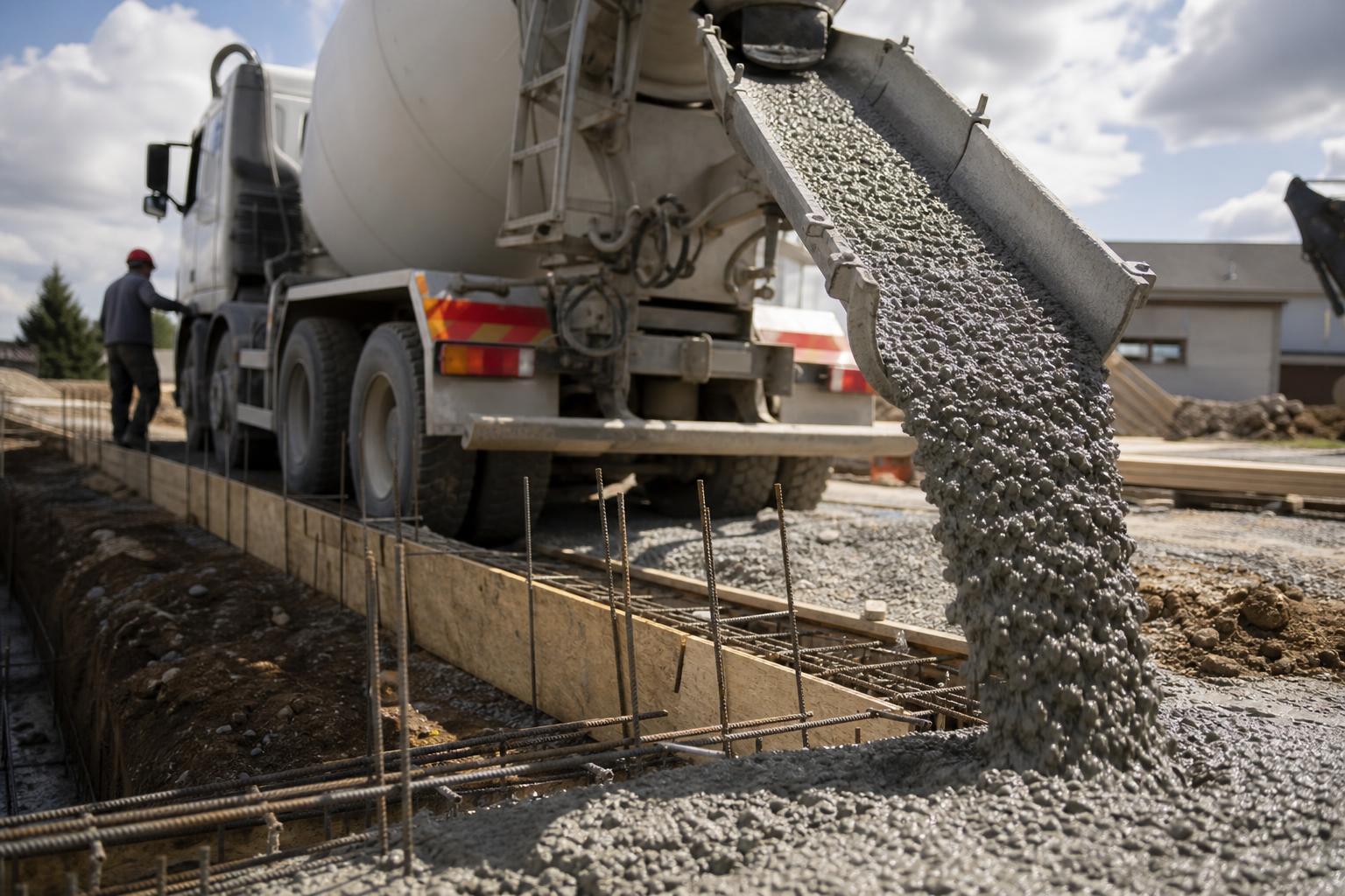 Camion toupie déversant du béton frais dans une fondation sur un chantier