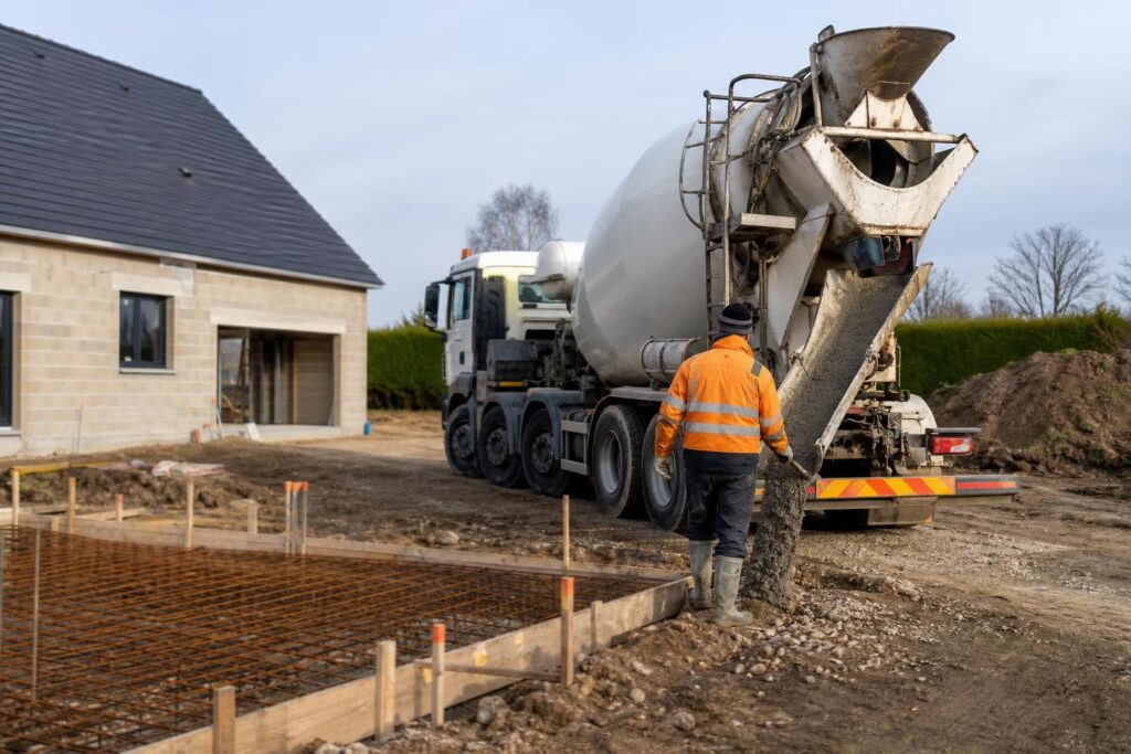Camion toupie livrant du béton prêt à l'emploi sur un chantier de maison individuelle.