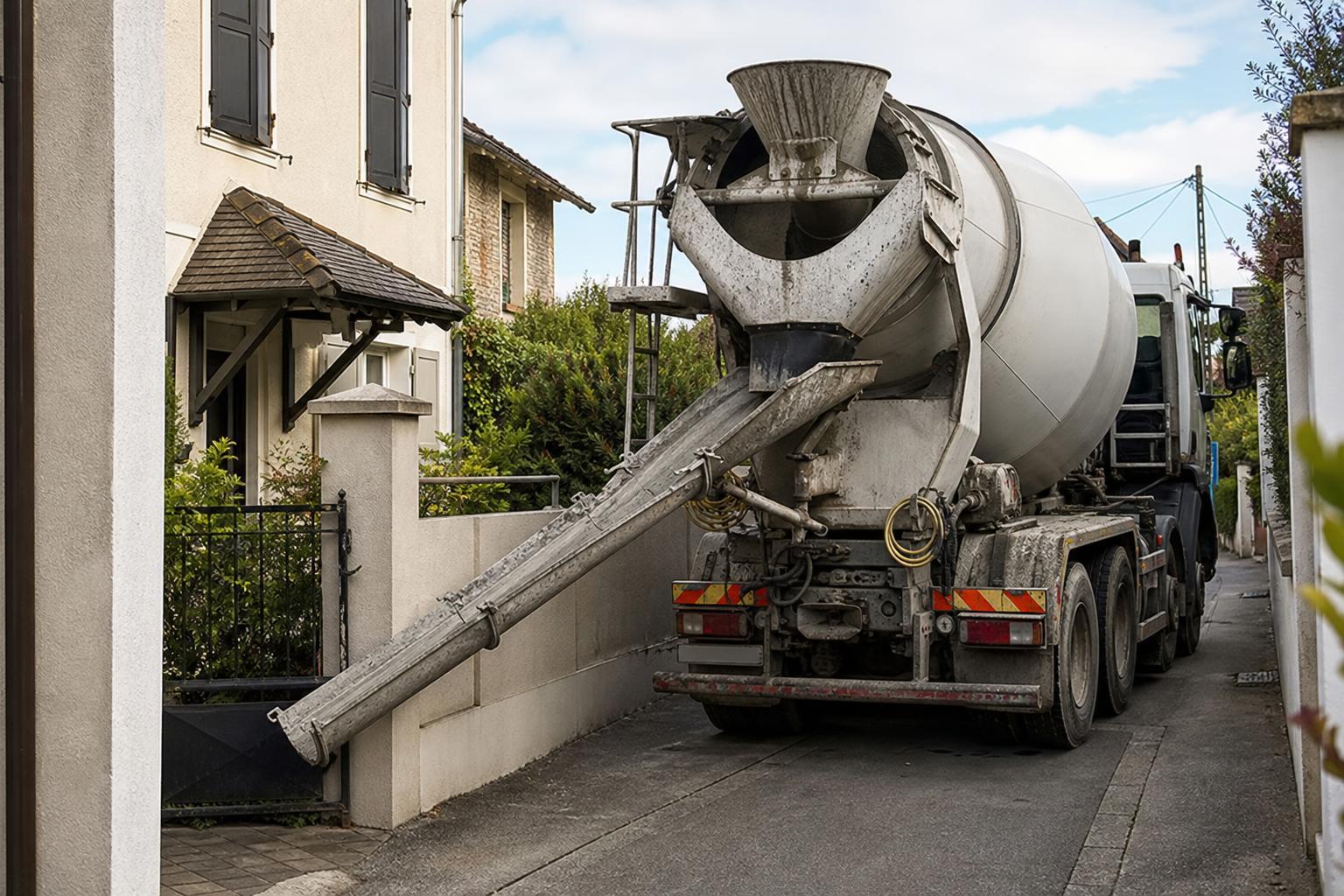 Camion toupie stationné dans une rue résidentielle étroite près d'une maison
