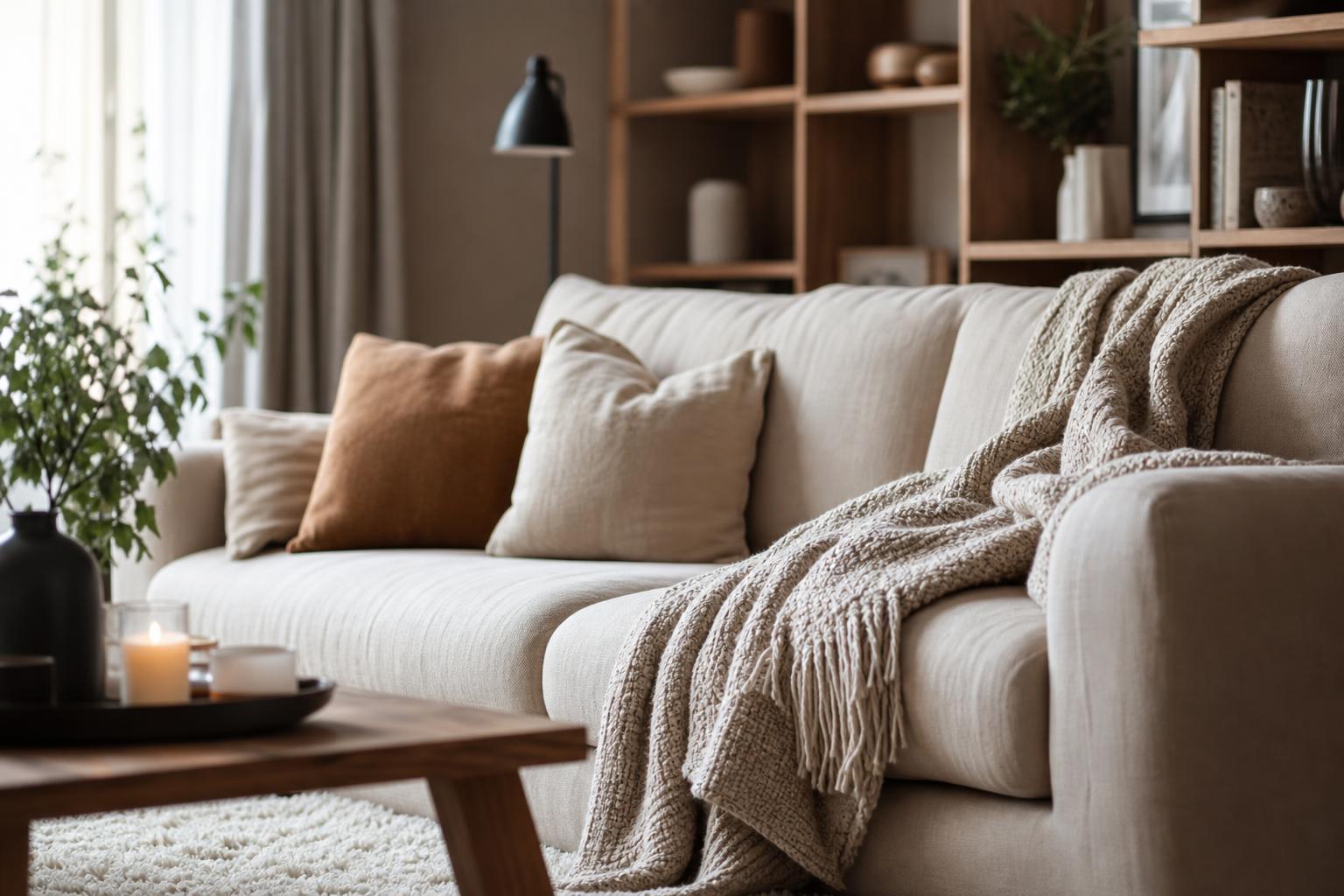 Canapé cosy avec plaids en laine, coussins en lin et tapis moelleux