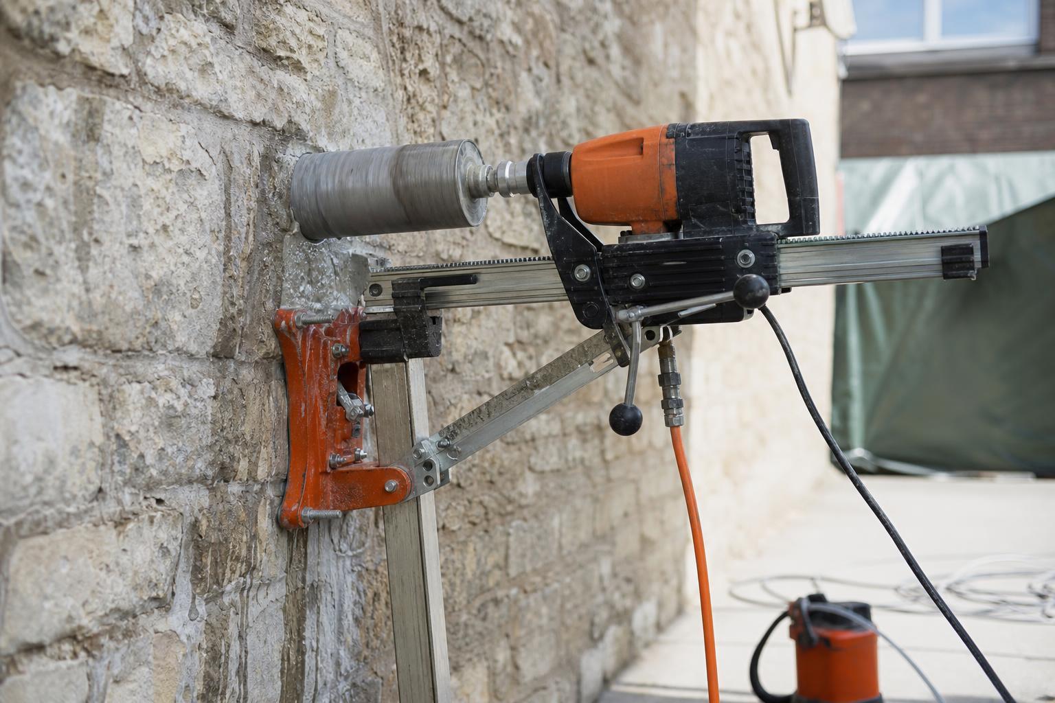 Carotteuse à eau montée sur bâti contre un mur en pierre