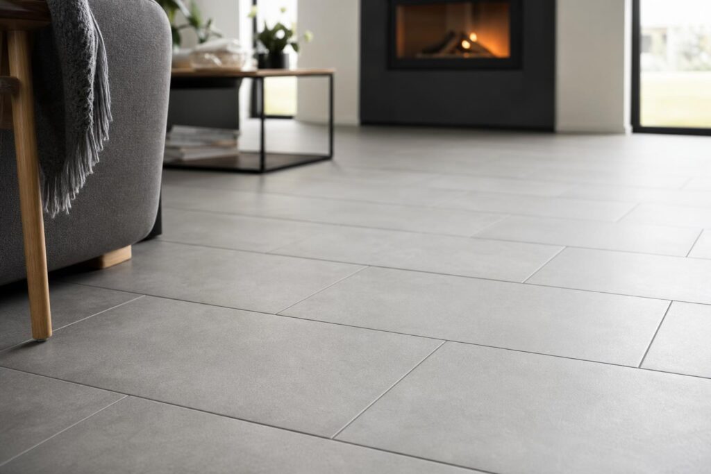 Carrelage posé en décalé (quinconce) sur un sol intérieur moderne.