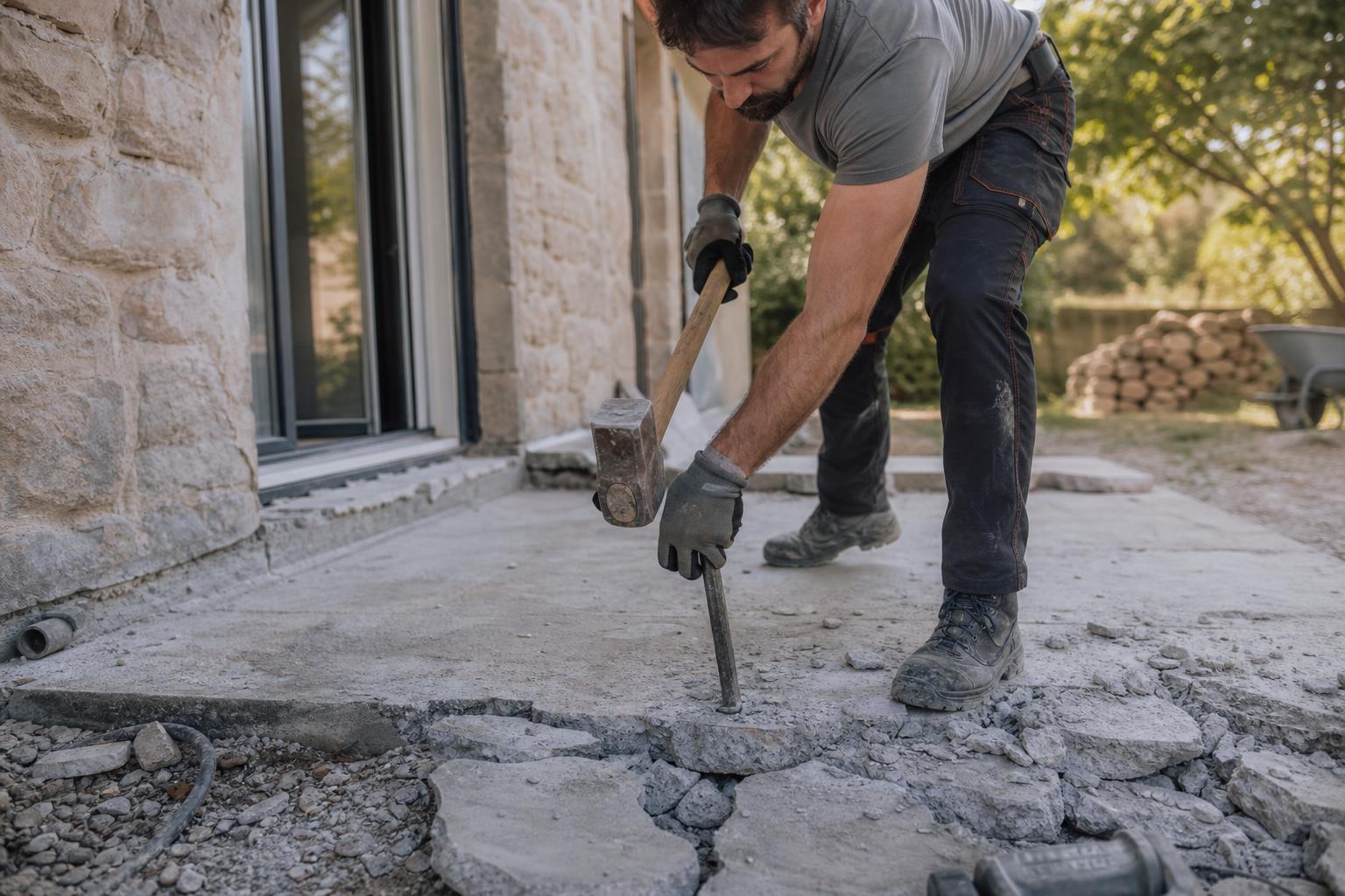Casser une dalle béton à la masse et au burin sans marteau-piqueur