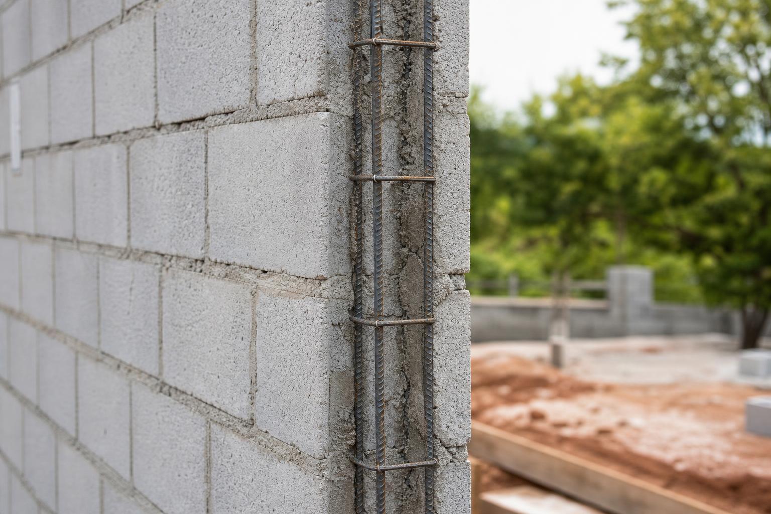Chaînage vertical en béton armé à l'angle d'une maison en blocs