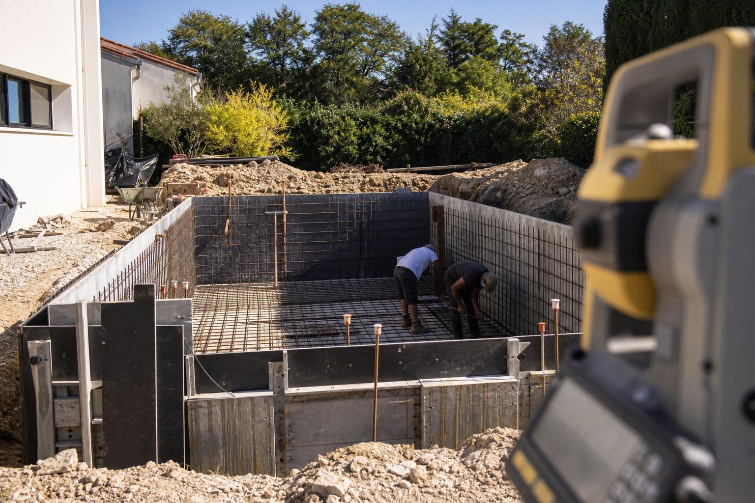 Chantier de piscine enterrée avec panneaux de coffrage et ferraillage