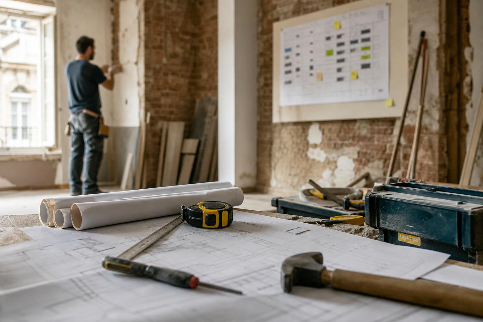 Chantier de rénovation avec outils et planning de travaux affiché au mur