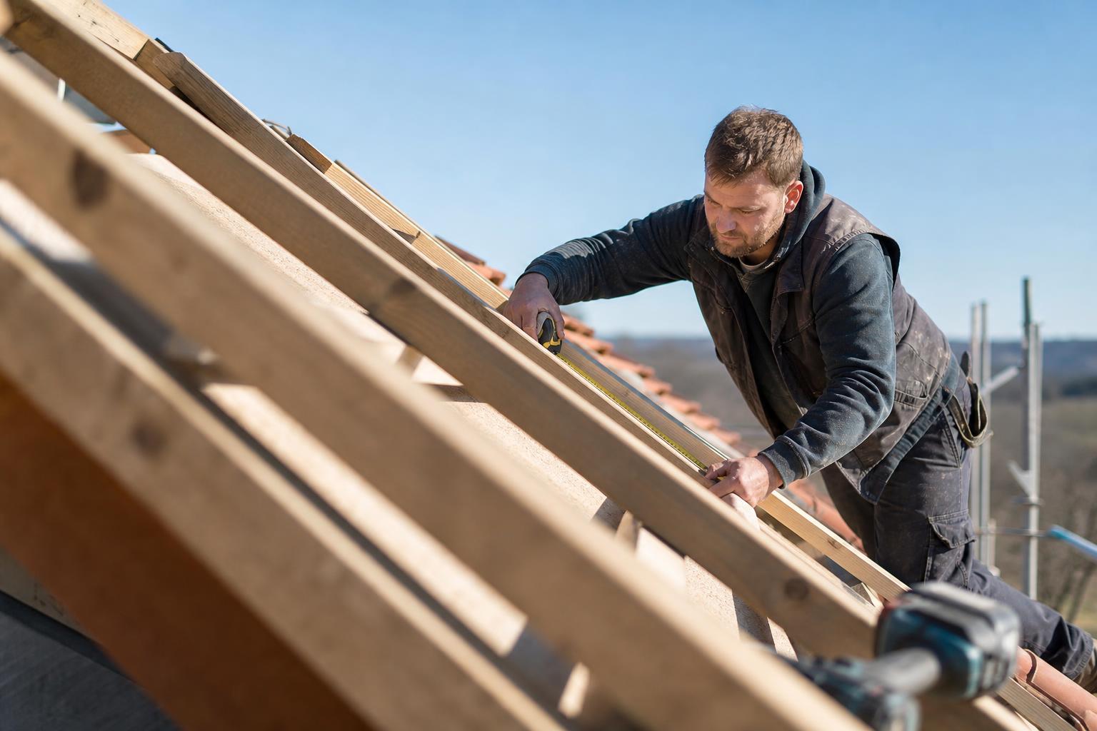 Charpentier posant des chevrons en bois sur une toiture, mètre à la main